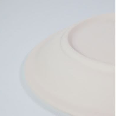 Detalle del reverso y del borde fino del plato de cerámica estilo vajilla clásica.